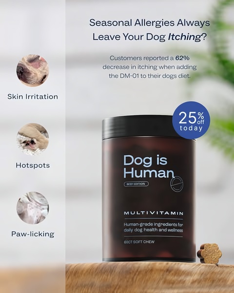 A 4:5 ratio ad layout featuring clear, photographic evidence of pet skin issues alongside a product bottle to illustrate a direct solution.